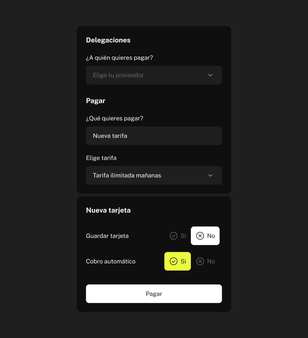 Pantalla de la app: pagos y delegaciones